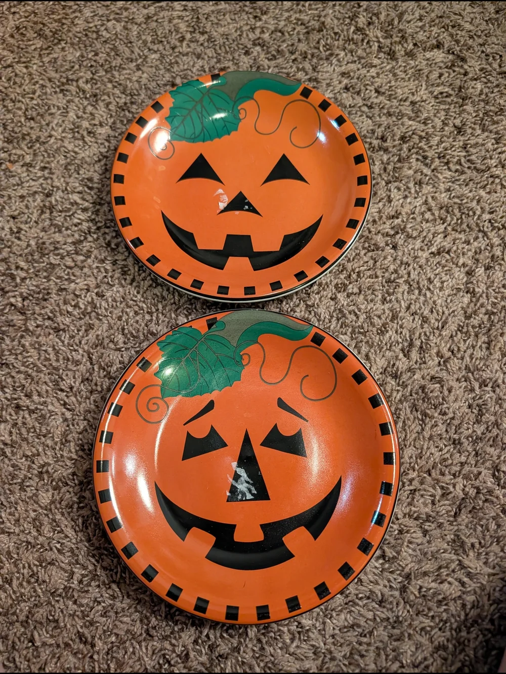 Set of 2 Halloween Jack-o'-lantern Ceramic Dessert Plates Orange 8 in Round